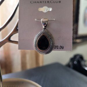 NWT Silvertone Pendant with Black Glass Center Stone